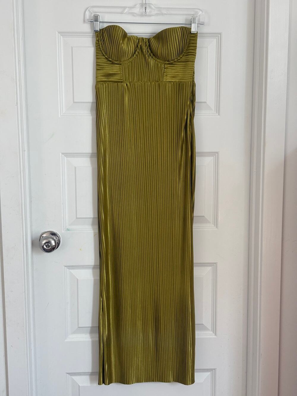 Hello Molly Olive Green Strapless Bustier Midi Dress Satin Pleated Size 4